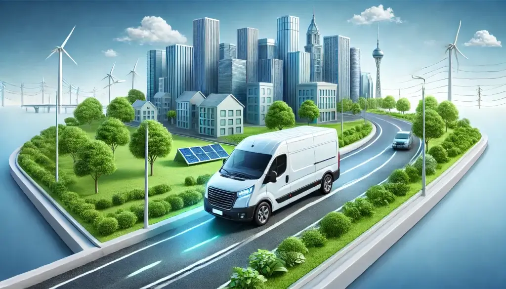 7 An image of a city skyline with clear blue skies complemented by a sleek modern van on the road without any visible logos. The scene showcases the